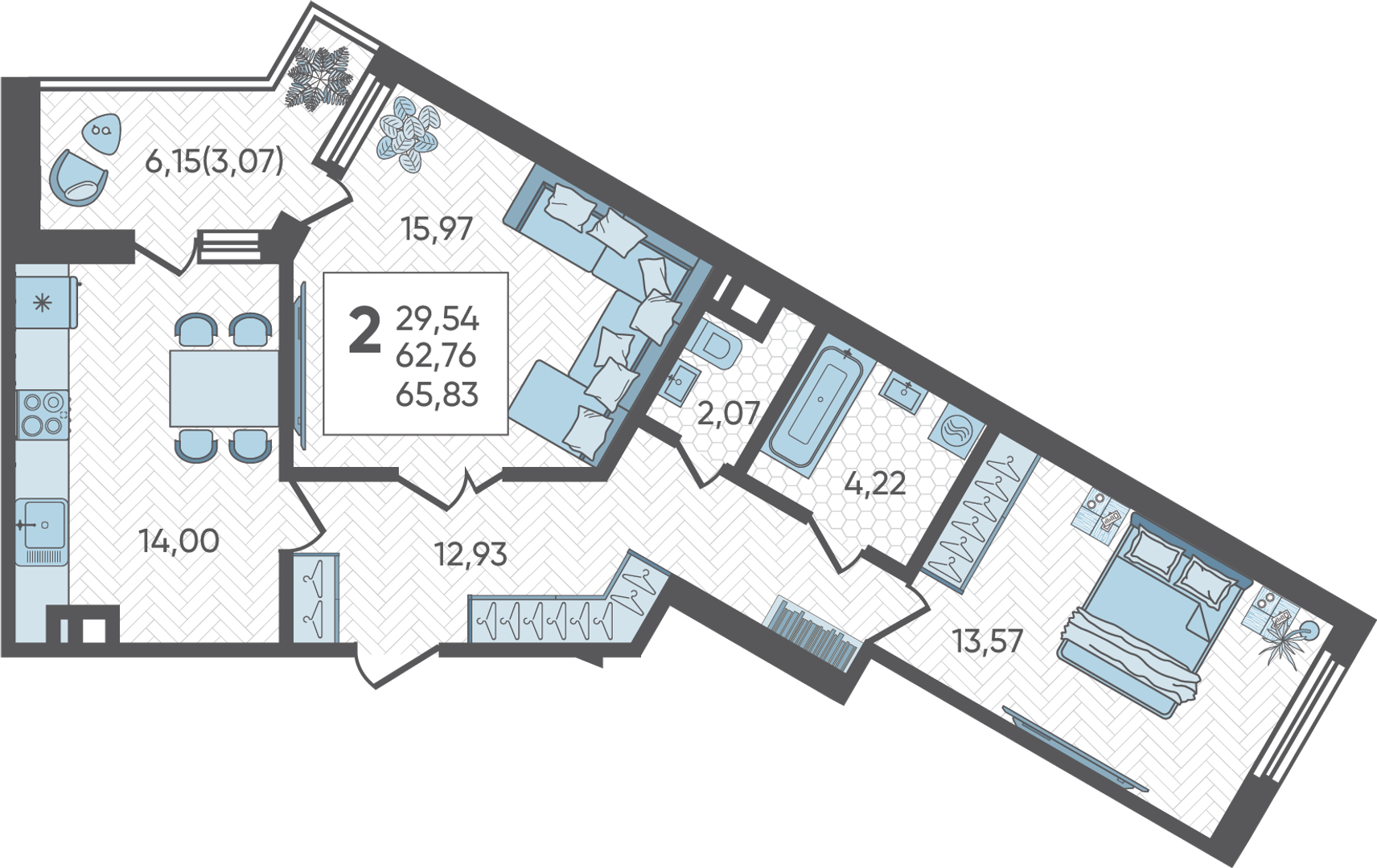 Планировка: 2-комн. квартира 65,8 м²