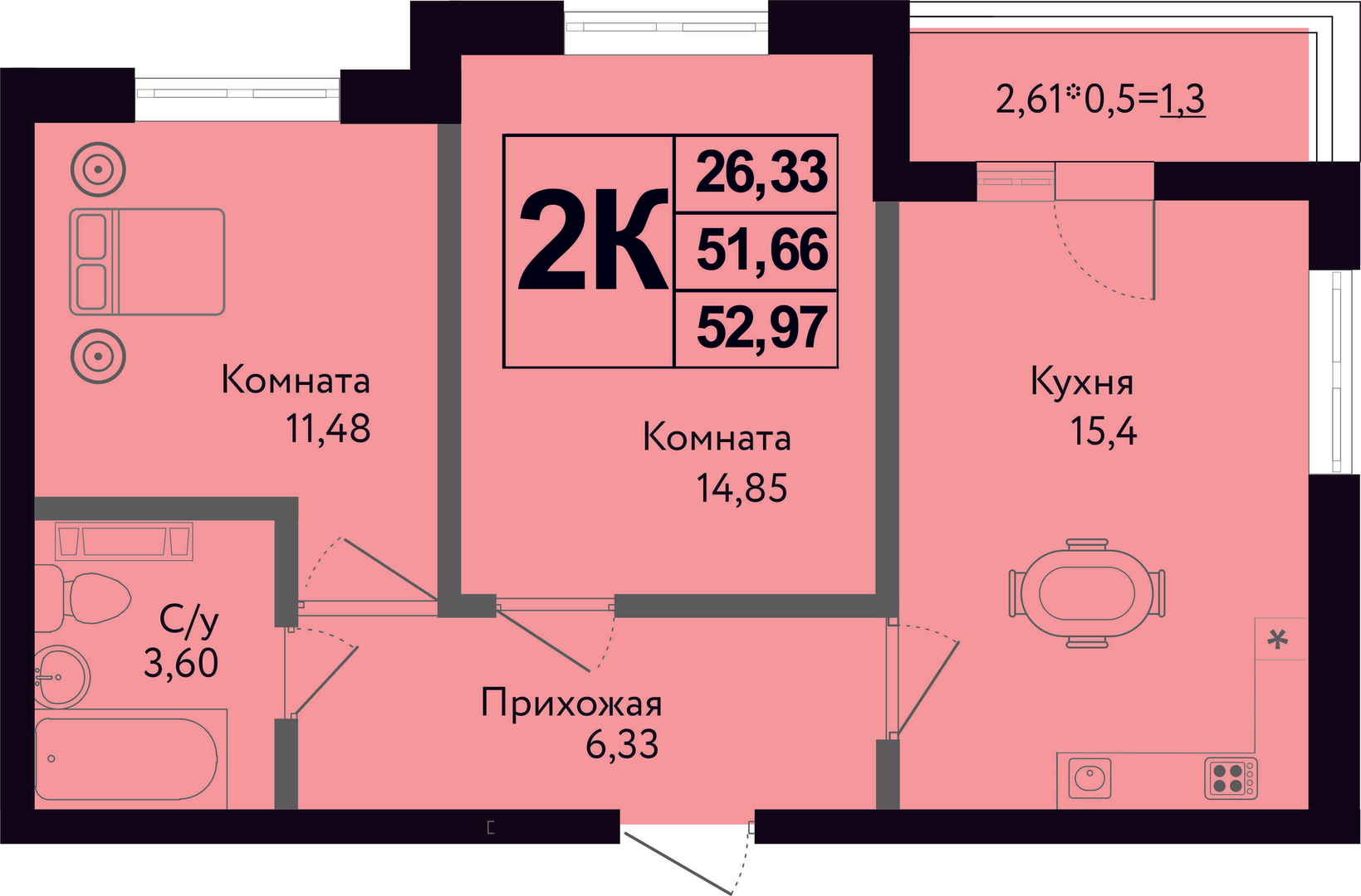 Планировка: 2-комн. квартира 53 м²