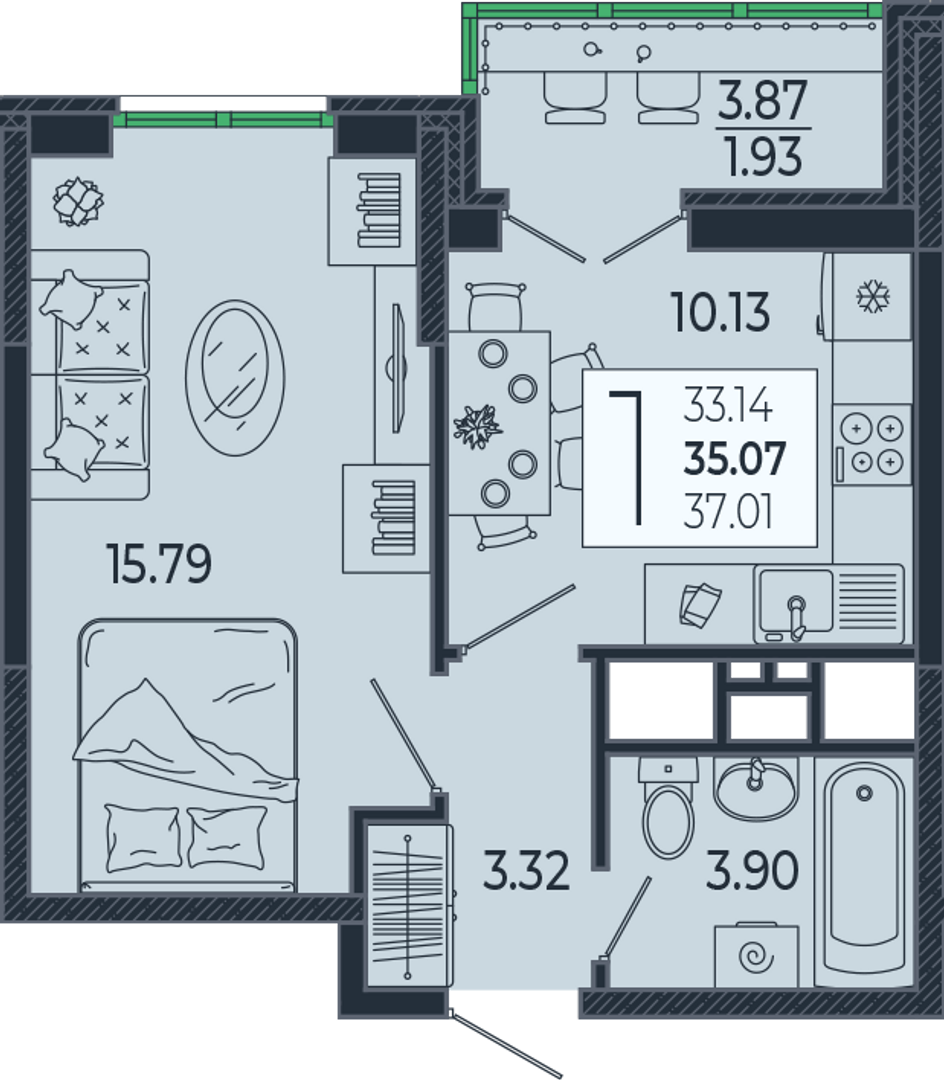 Планировка 1-комнатная 35,15 м²