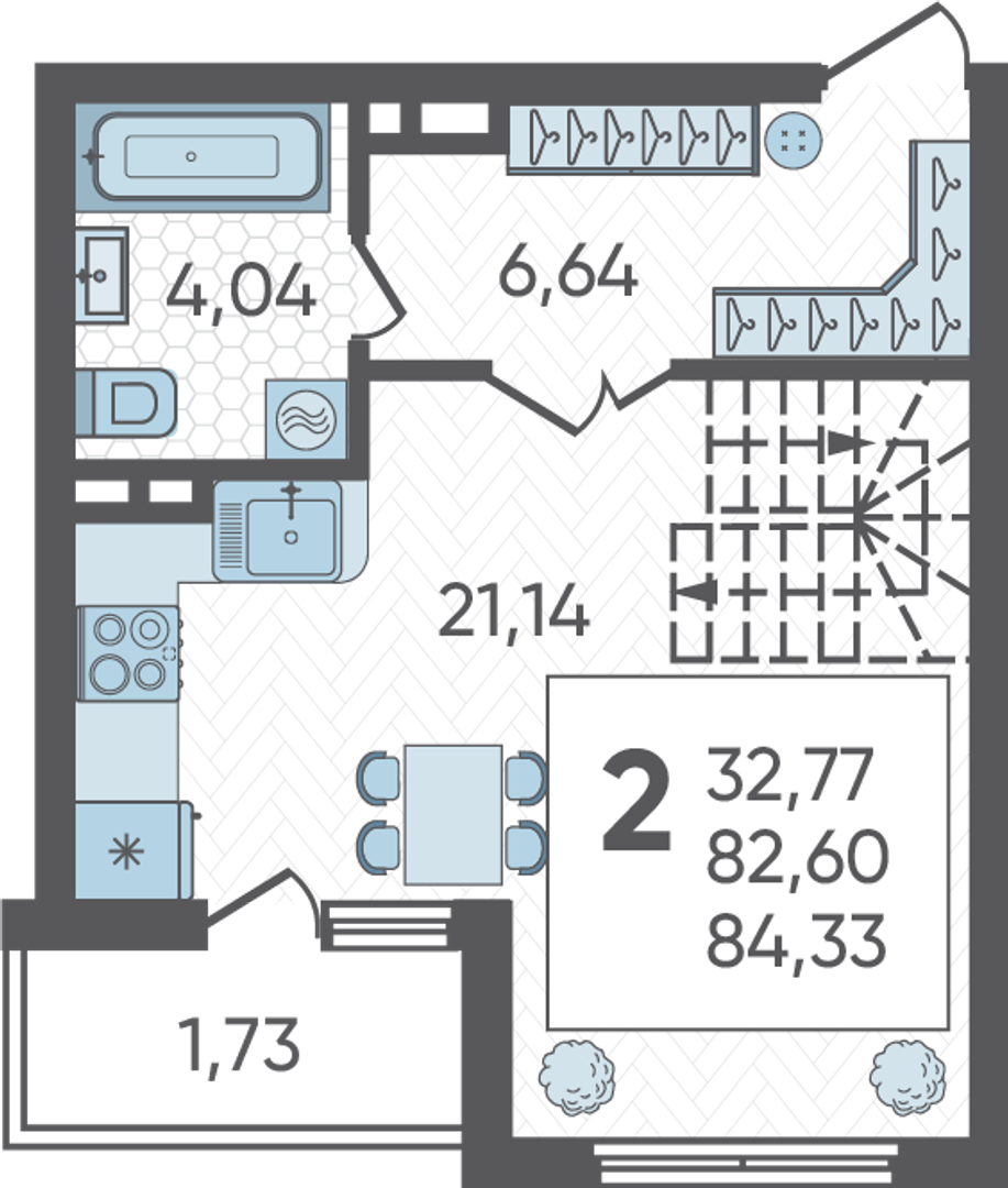 Планировка: 2-комн. квартира 84,3 м²