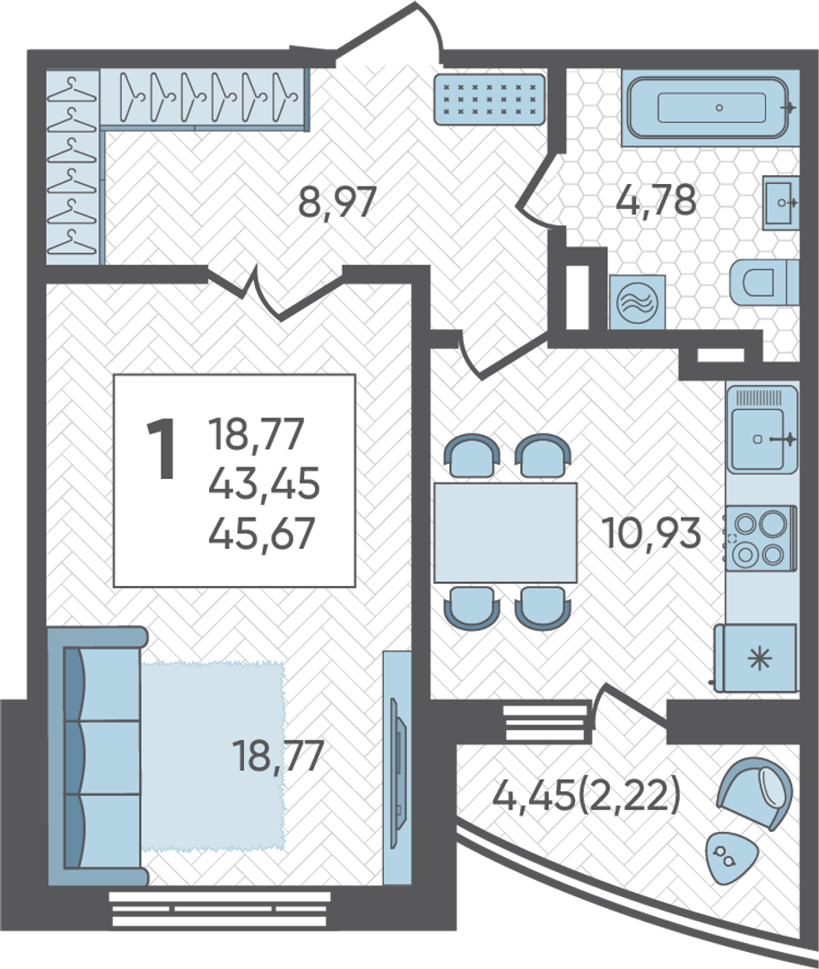 Планировка: 1-комн. квартира 45,7 м²