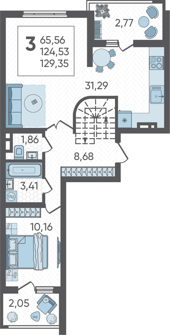 Планировка 3-комнатная 129,35 м²