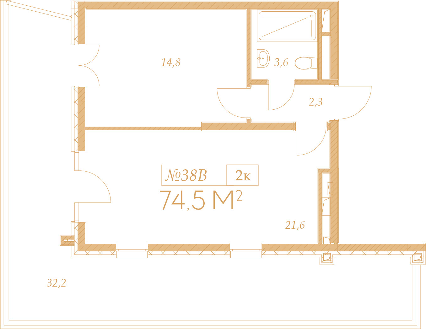 Планировка 2-комнатная 74,5 м²