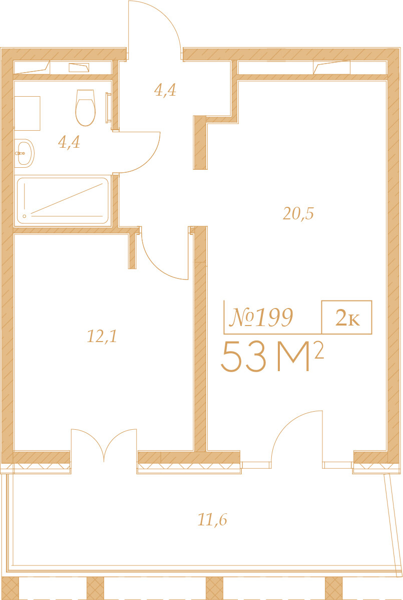 Планировка 2-комнатная 53 м²