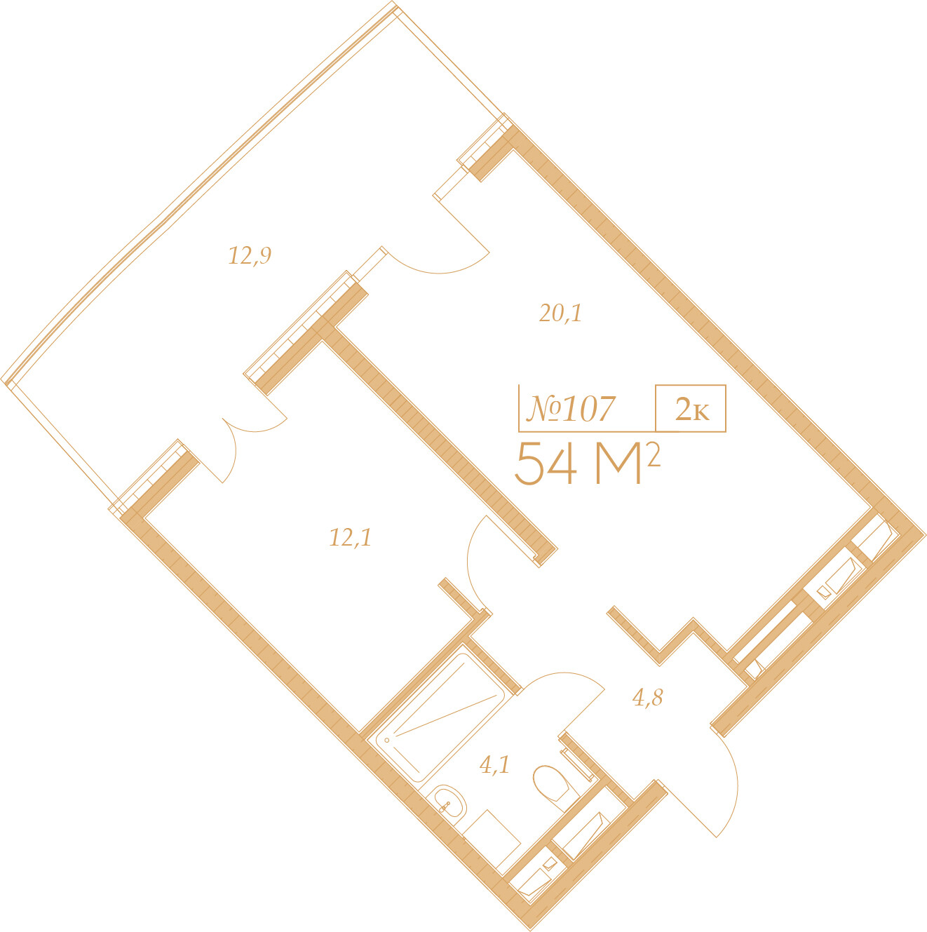 Планировка 2-комнатная 54 м²