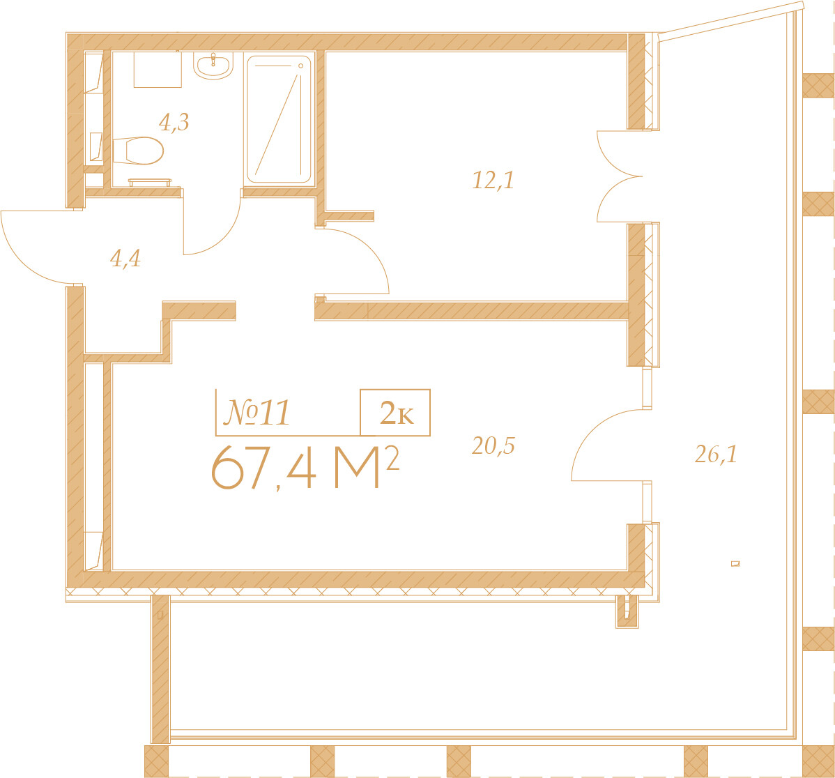 Планировка 2-комнатная 67,4 м²
