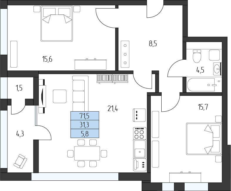 Планировка 2-комнатная 68,3 м²