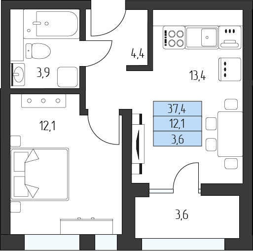 Планировка 1-комнатная 35,6 м²