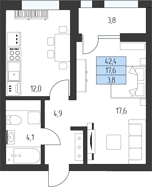 Планировка 1-комнатная 40,5 м²