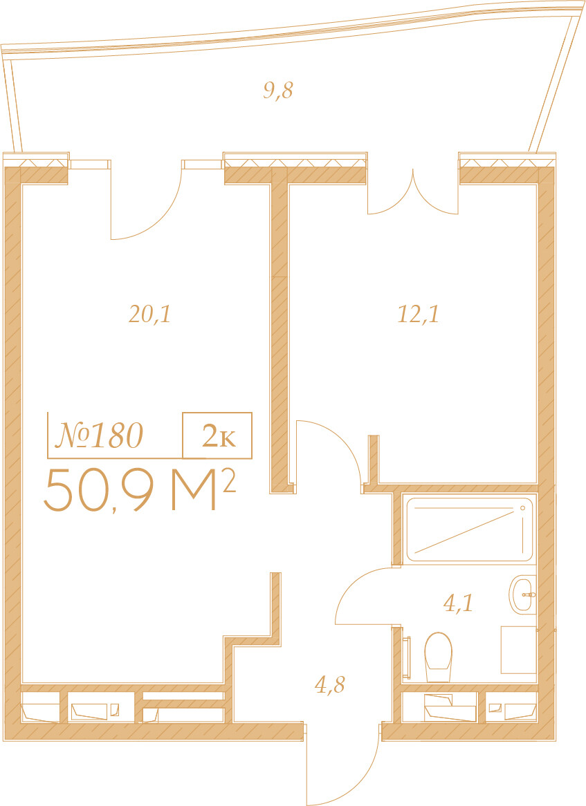 Планировка 2-комнатная 50,9 м²