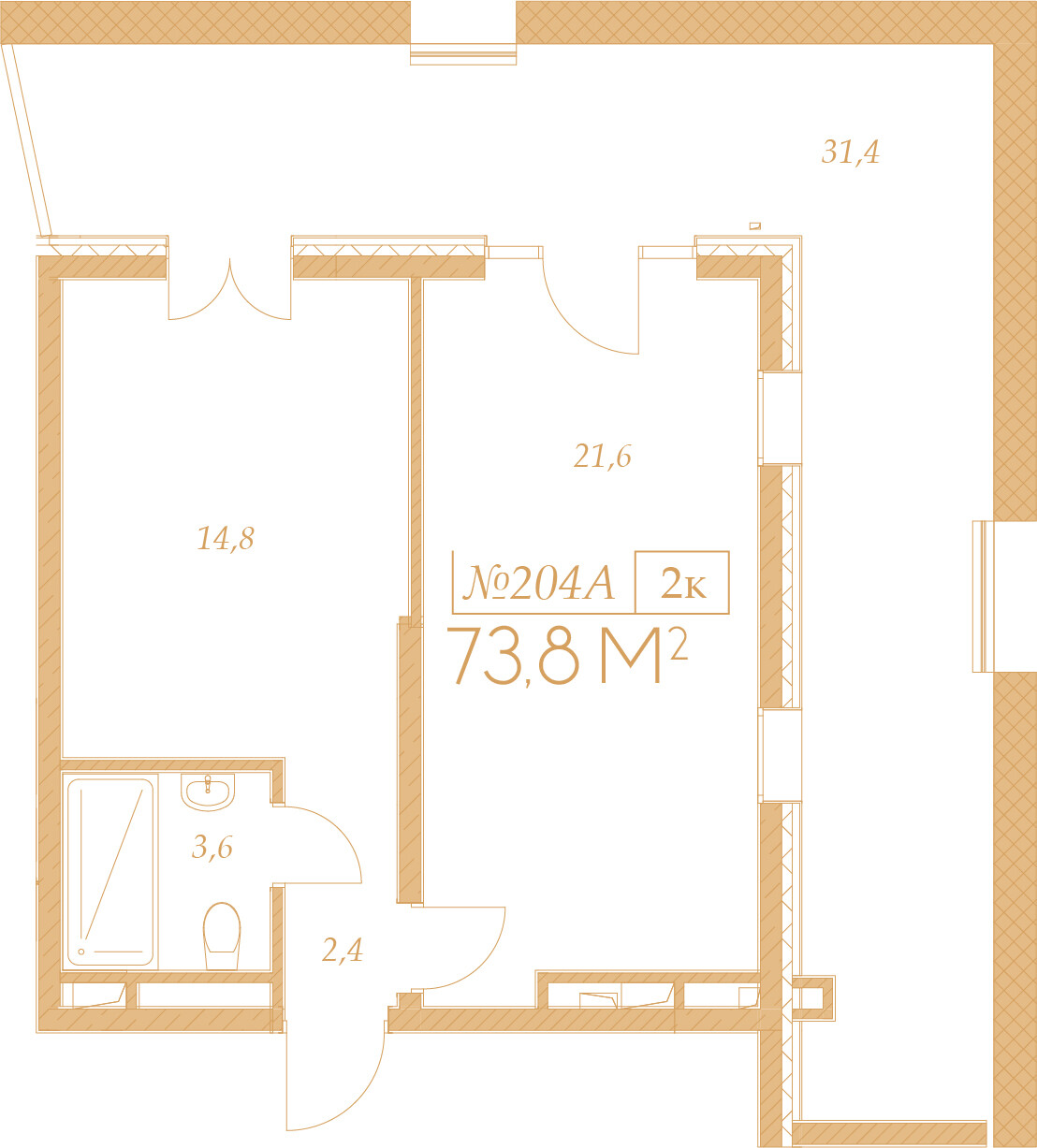 Планировка 2-комнатная 73,8 м²