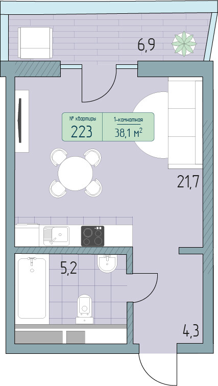 Планировка 1-комнатная 38,1 м²