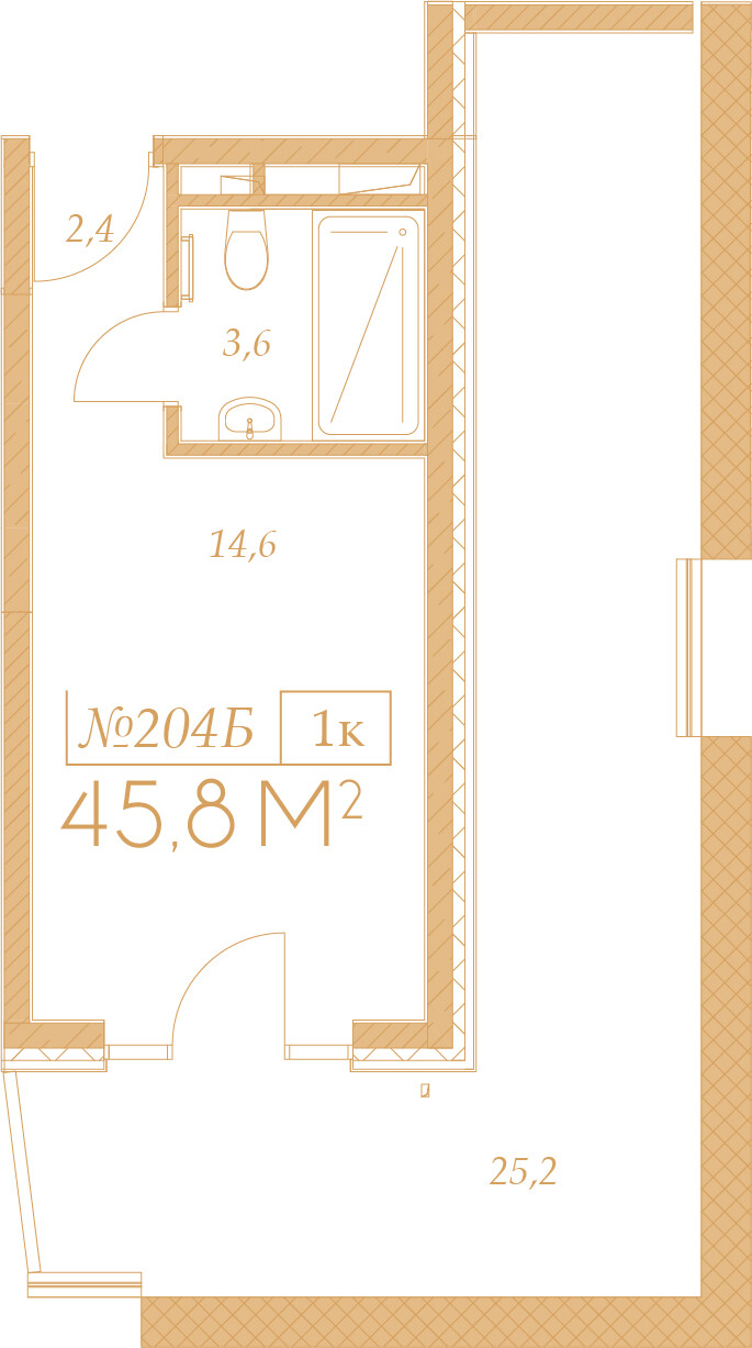 Планировка 1-комнатная 45,8 м²