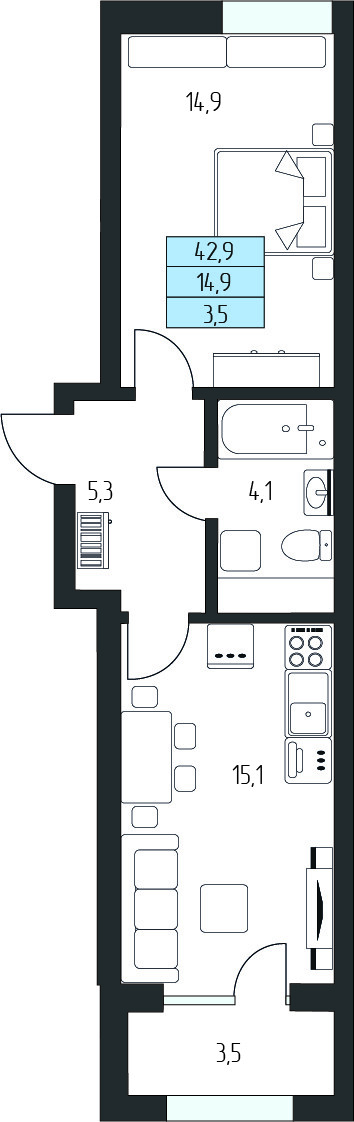 Планировка 1-комнатная 41,15 м²