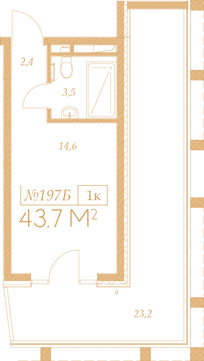 Планировка 1-комнатная 43,7 м²