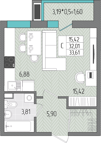 Планировка: Студия 33,6 м²