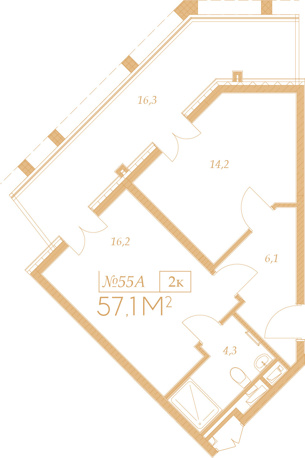 Планировка 2-комнатная 57,1 м²