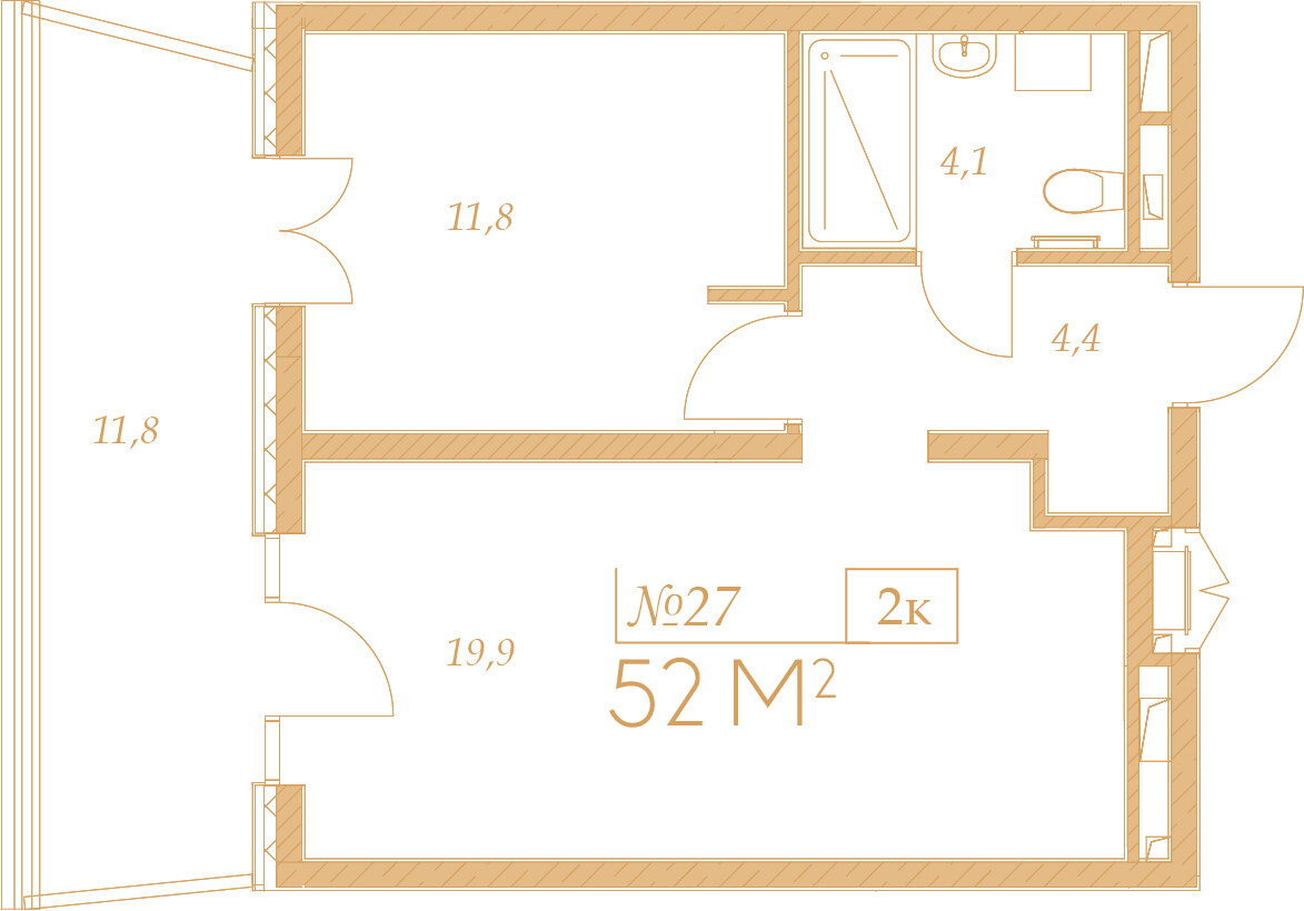 Планировка 2-комнатная 52 м²