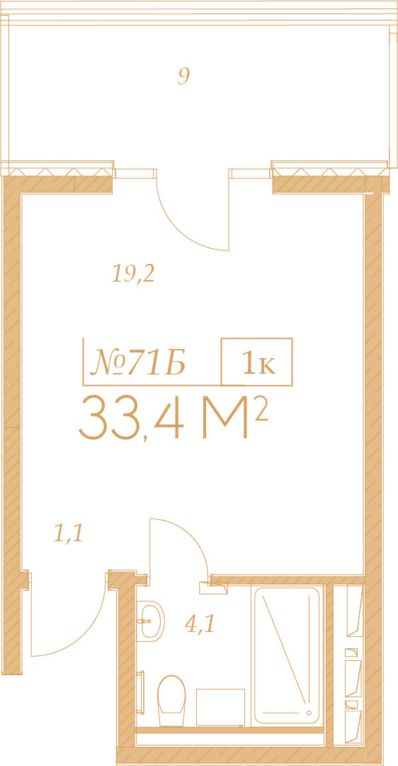 Планировка 1-комнатная 33,4 м²