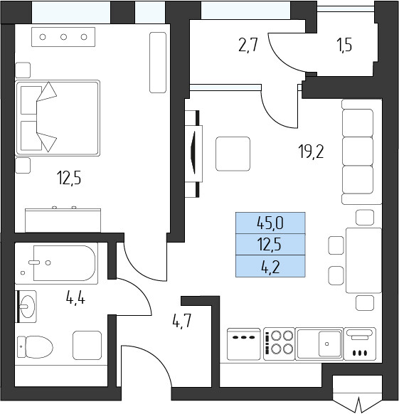 Планировка 1-комнатная 42,6 м²