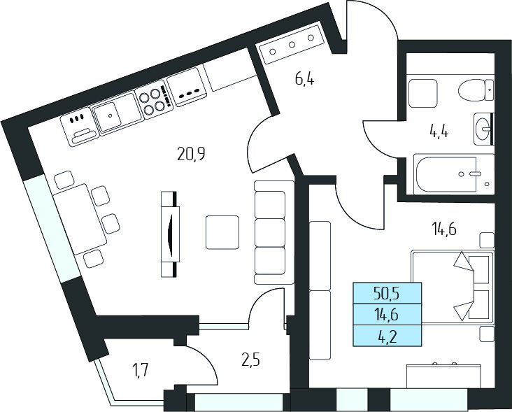 Планировка 1-комнатная 48,06 м²