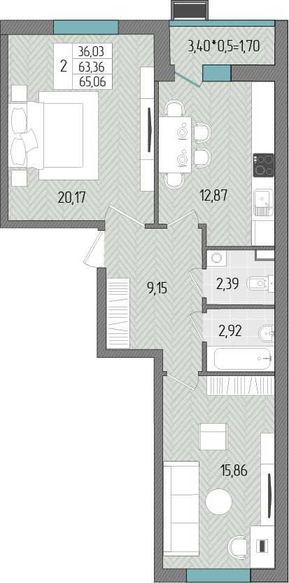 Планировка: 2-комн. квартира 65,1 м²