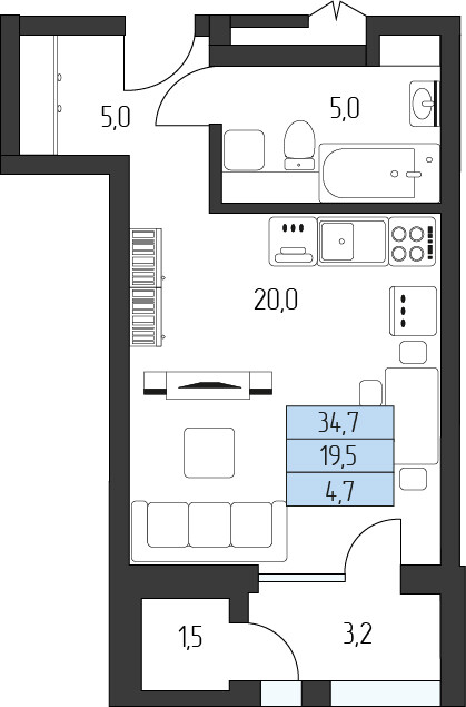 Планировка Студия 32,05 м²
