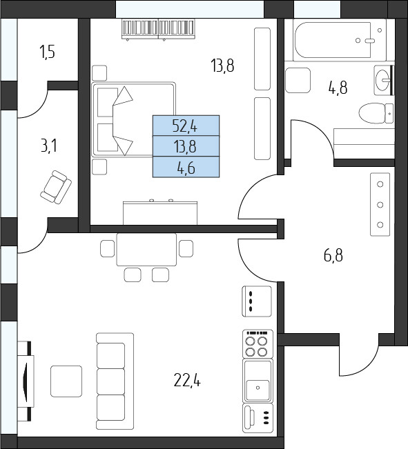 Планировка 1-комнатная 49 м²
