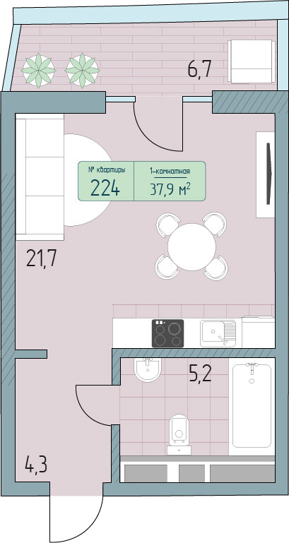 Планировка 1-комнатная 37,9 м²
