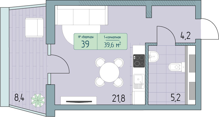 Планировка 1-комнатная 39,6 м²