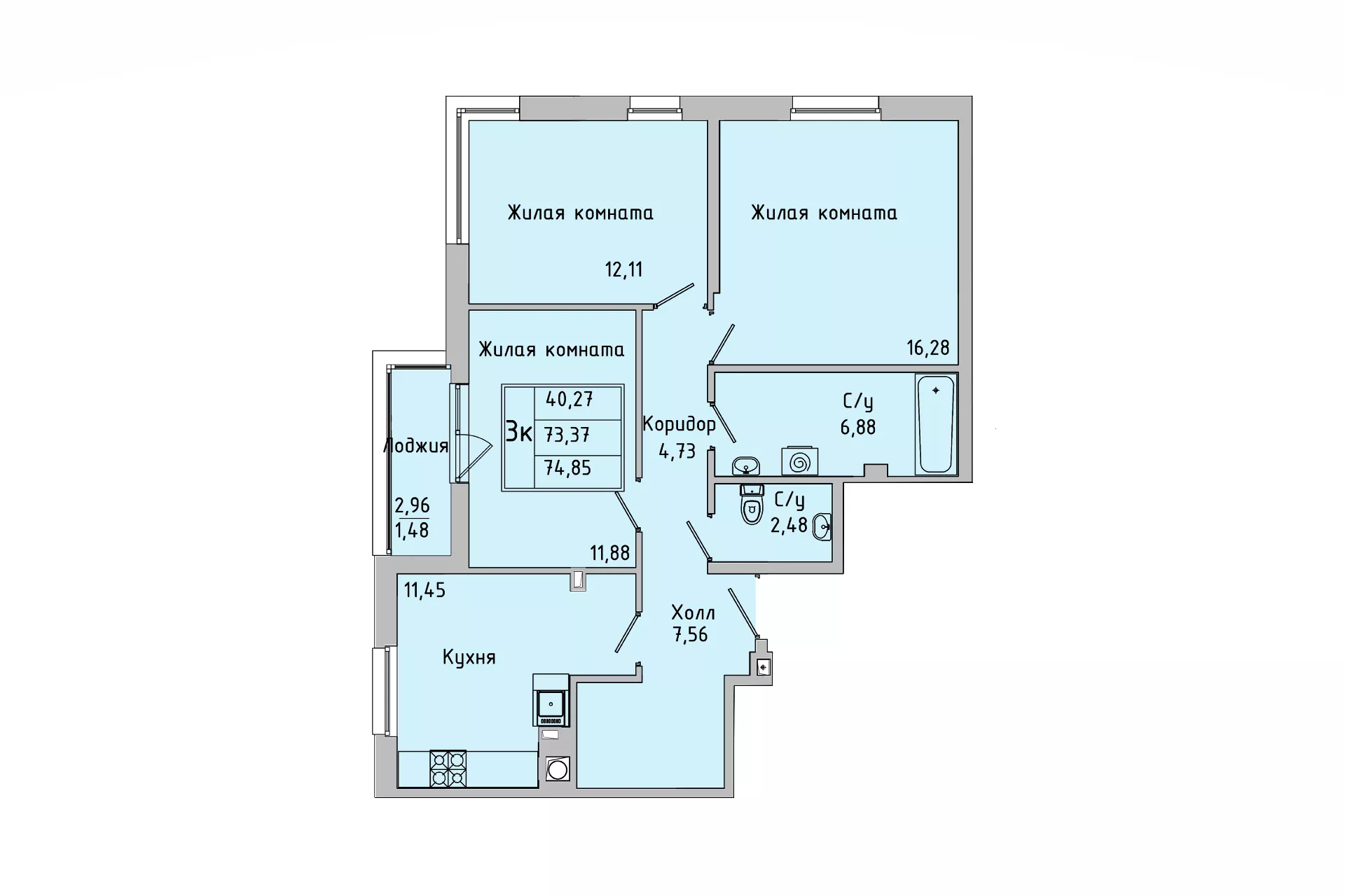 Планировка: 3-комн. квартира 73,3 м²