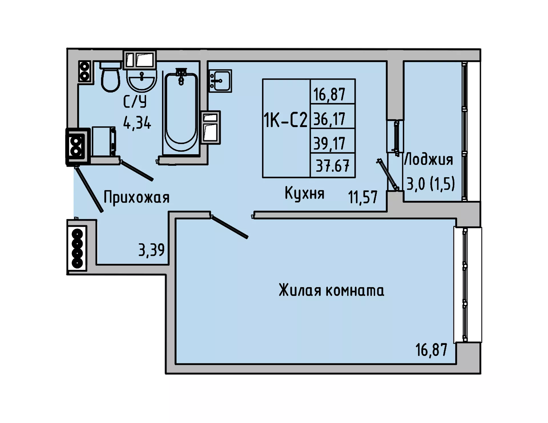Планировка: 1-комн. квартира 37,7 м²