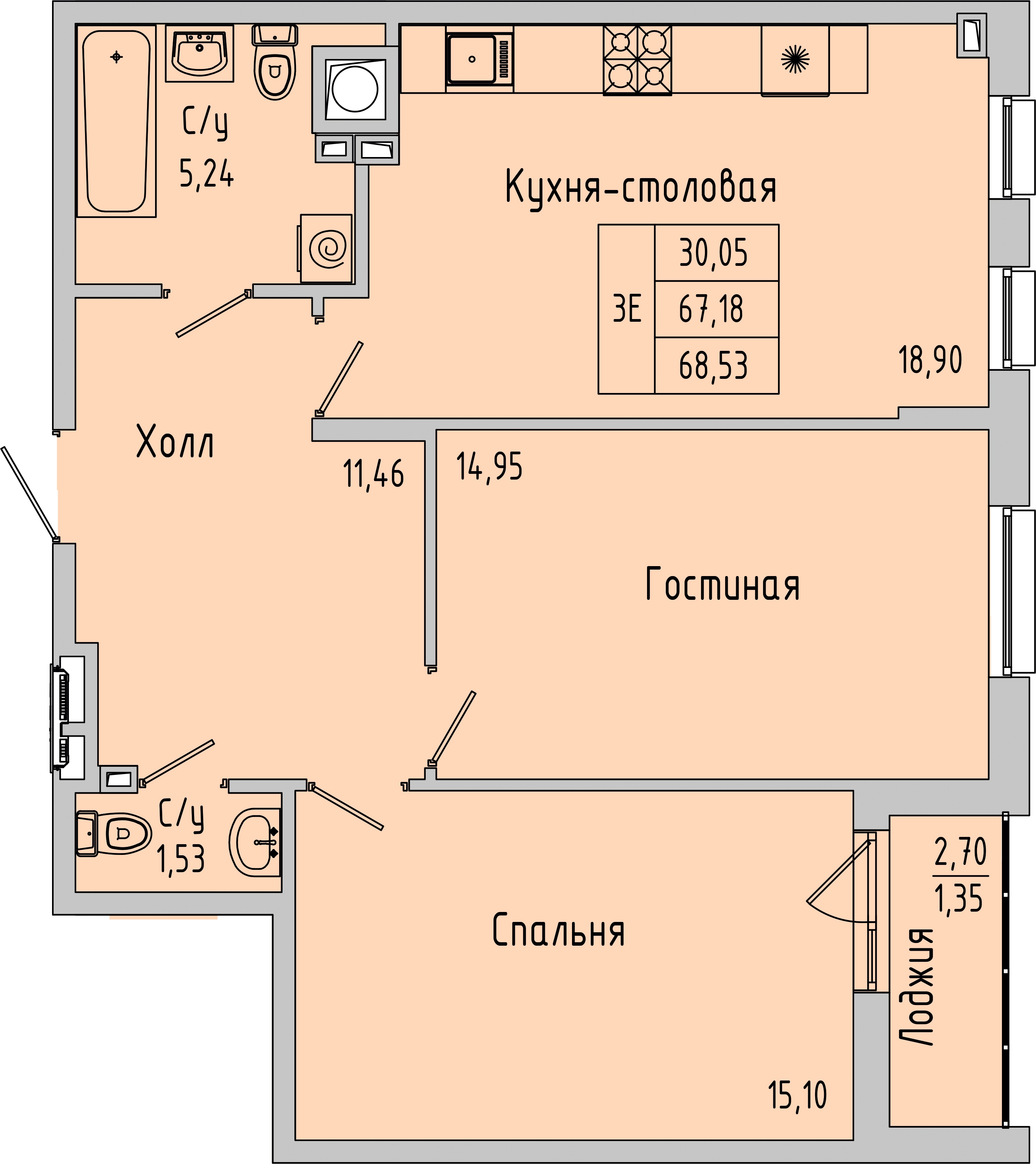 Планировка: 3-комн. квартира 68,5 м²