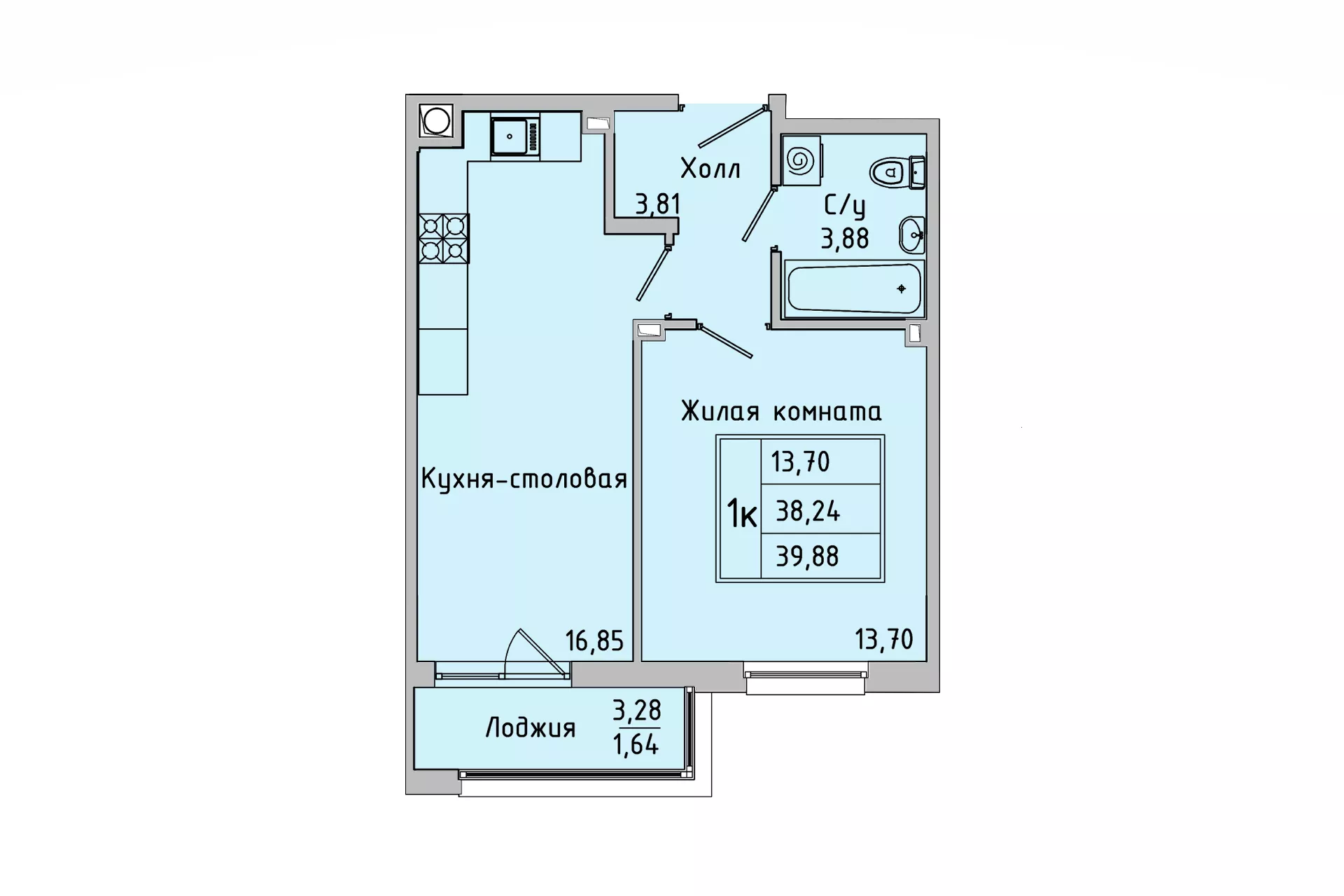 Планировка: 1-комн. квартира 38,4 м²