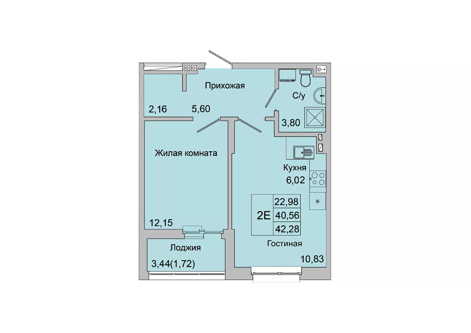 Планировка: 2-комн. квартира 42,3 м²