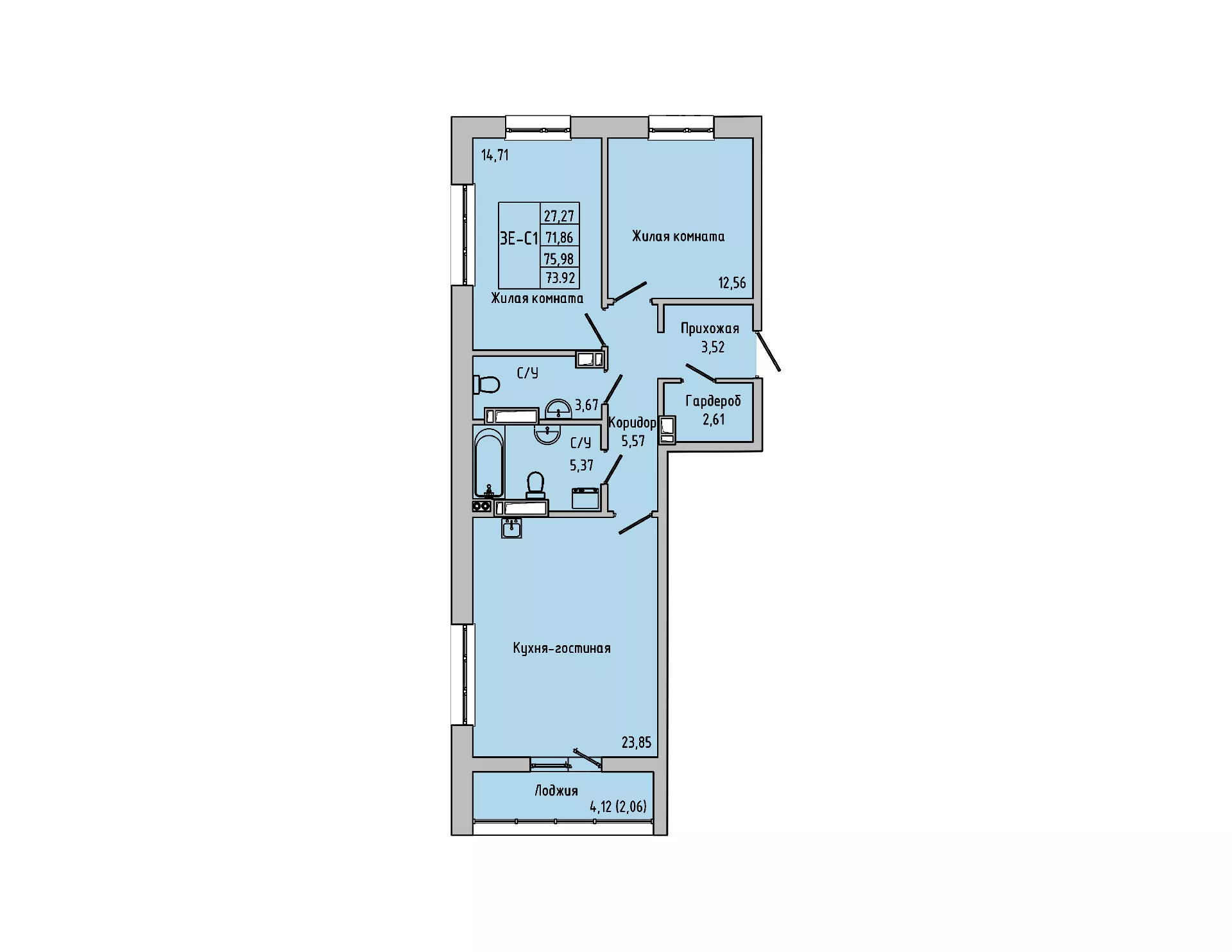 Планировка: 3-комн. квартира 73,9 м²