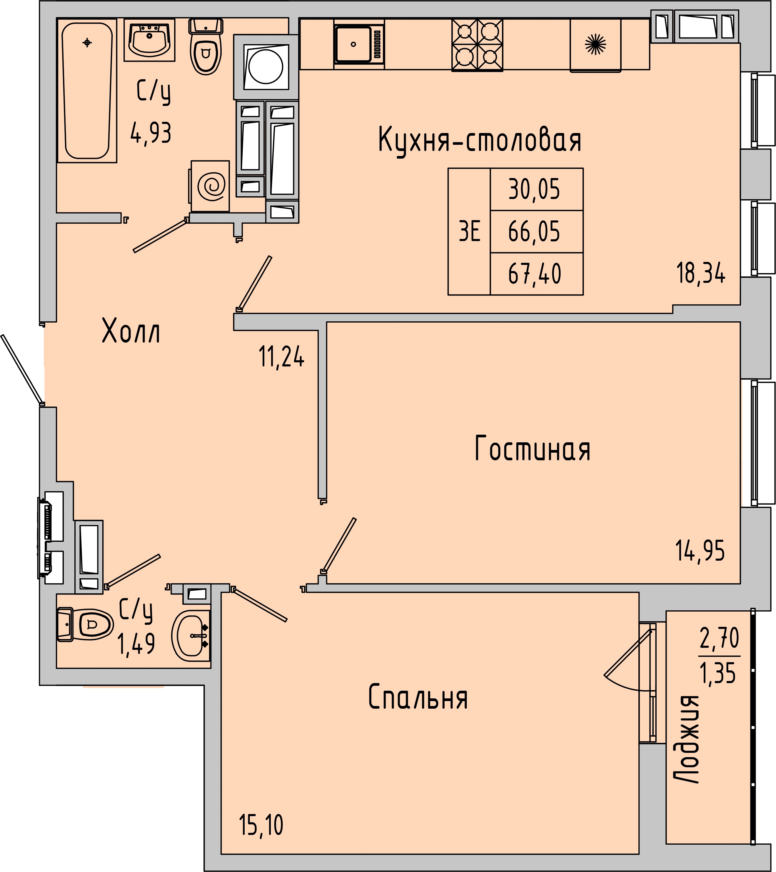 Планировка: 3-комн. квартира 67,4 м²