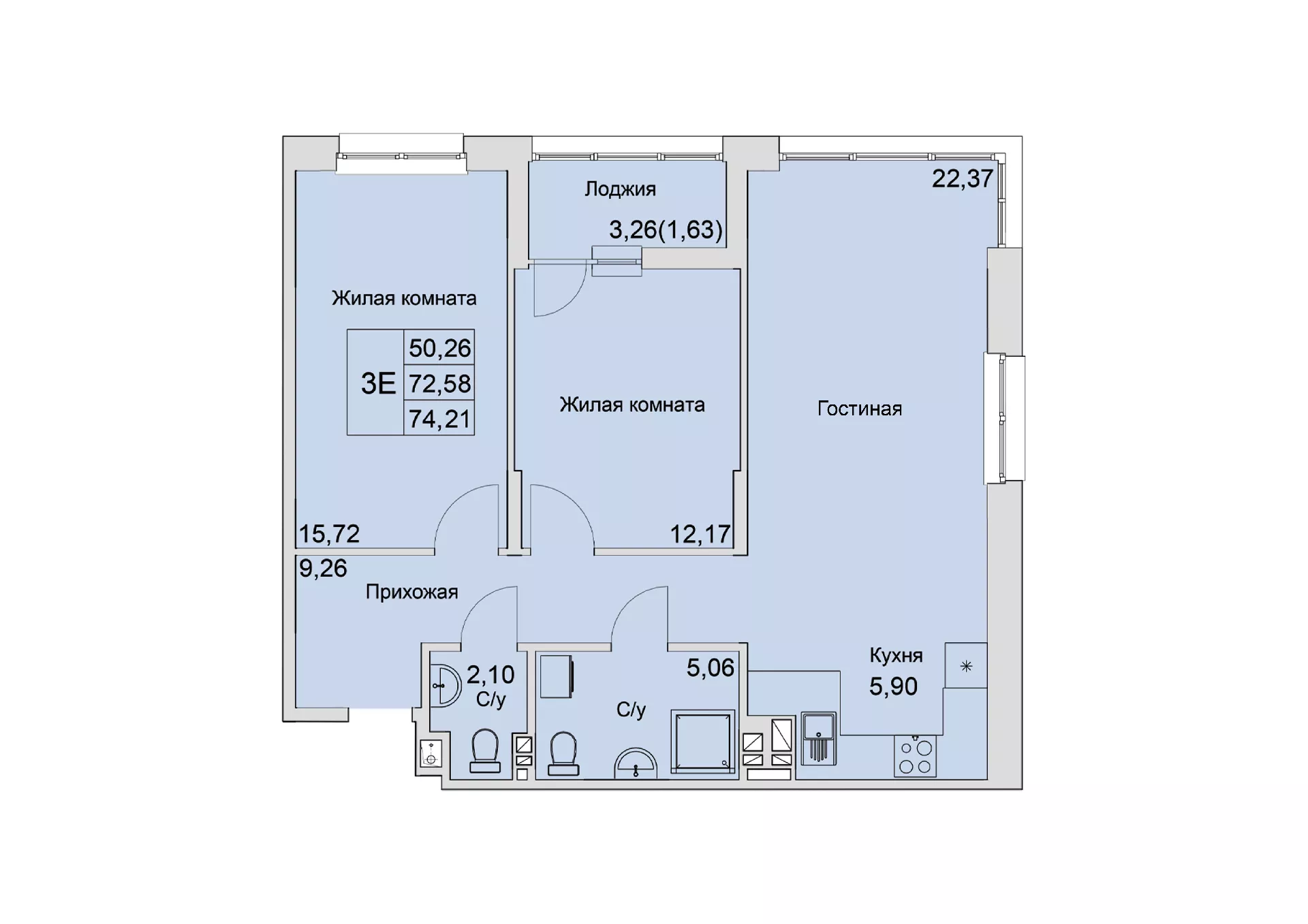 Планировка: 3-комн. квартира 74,1 м²