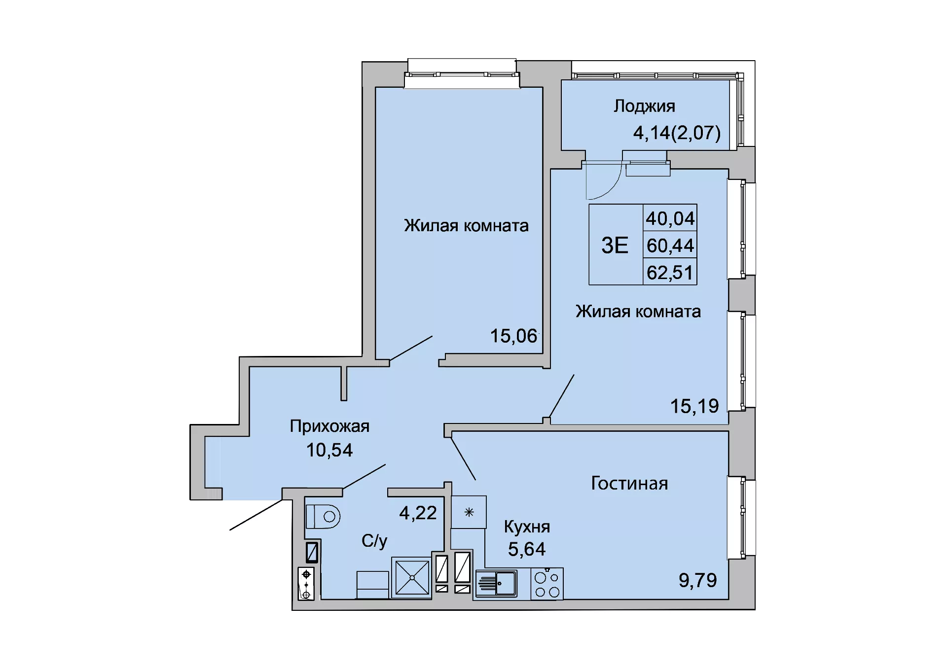 Планировка: 3-комн. квартира 62,2 м²