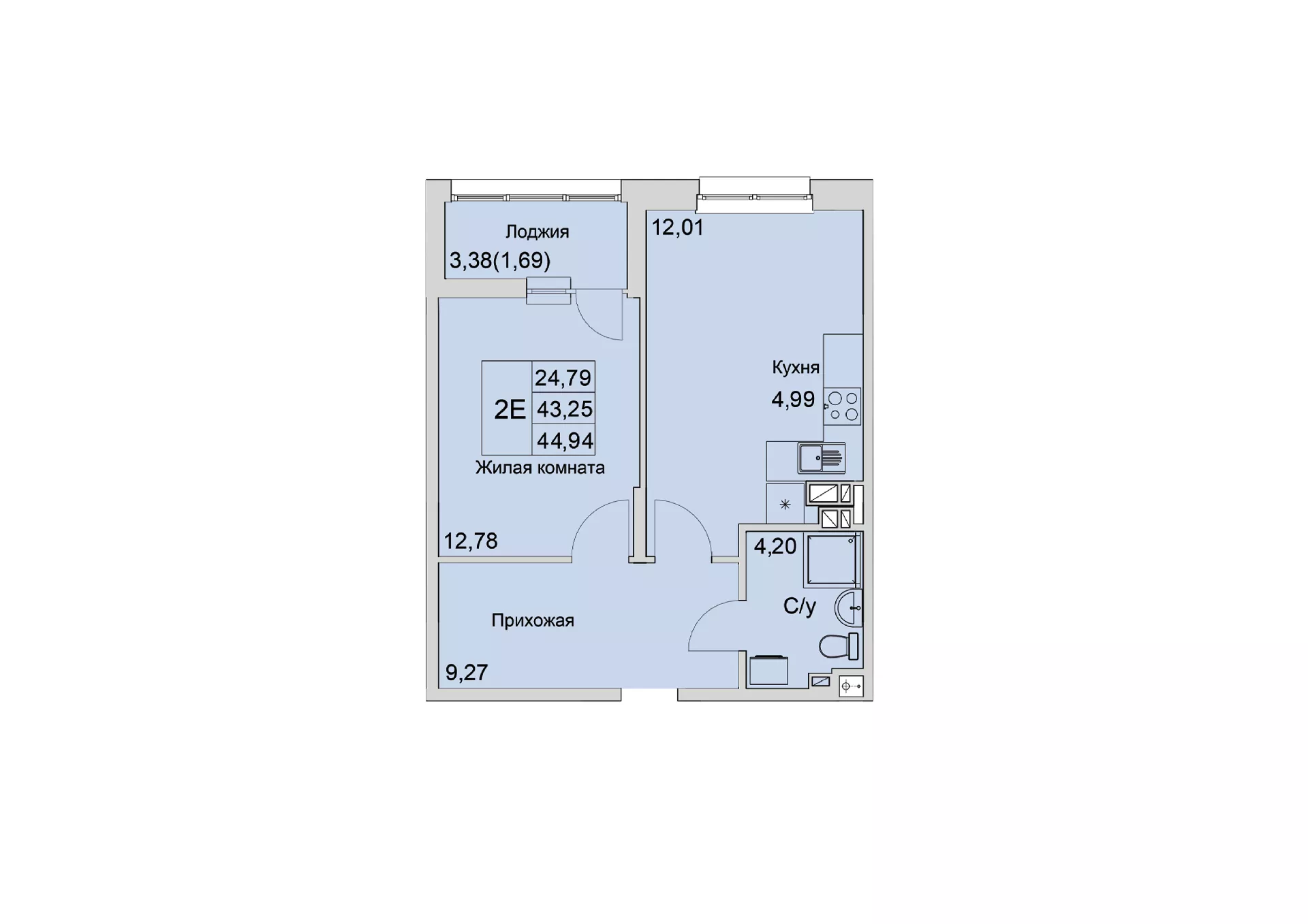 Планировка: 2-комн. квартира 44,5 м²