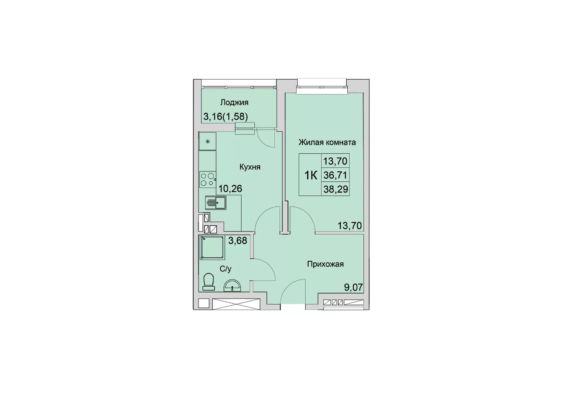 Планировка: 1-комн. квартира 37,8 м²