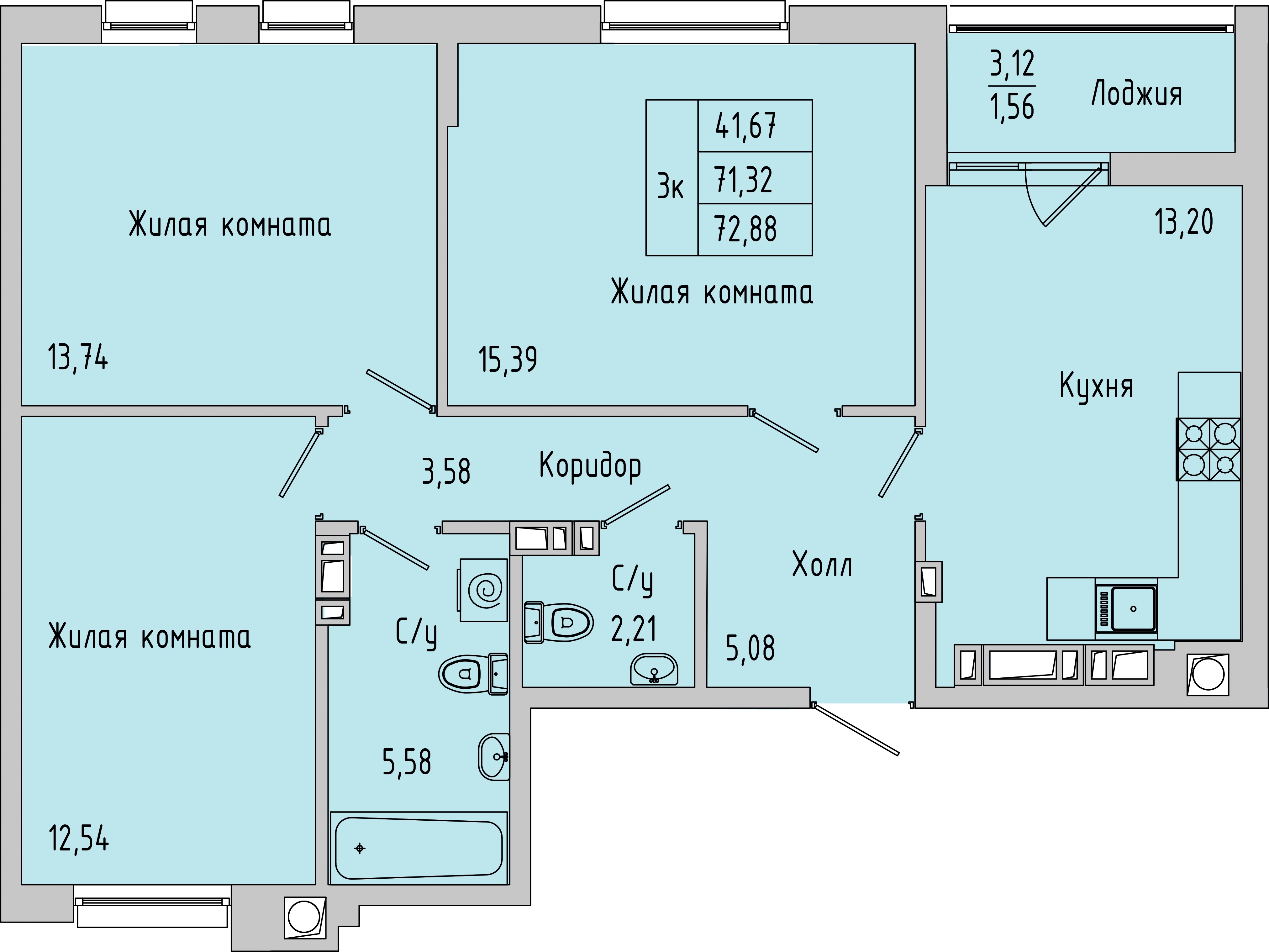 Планировка: 3-комн. квартира 72,9 м²