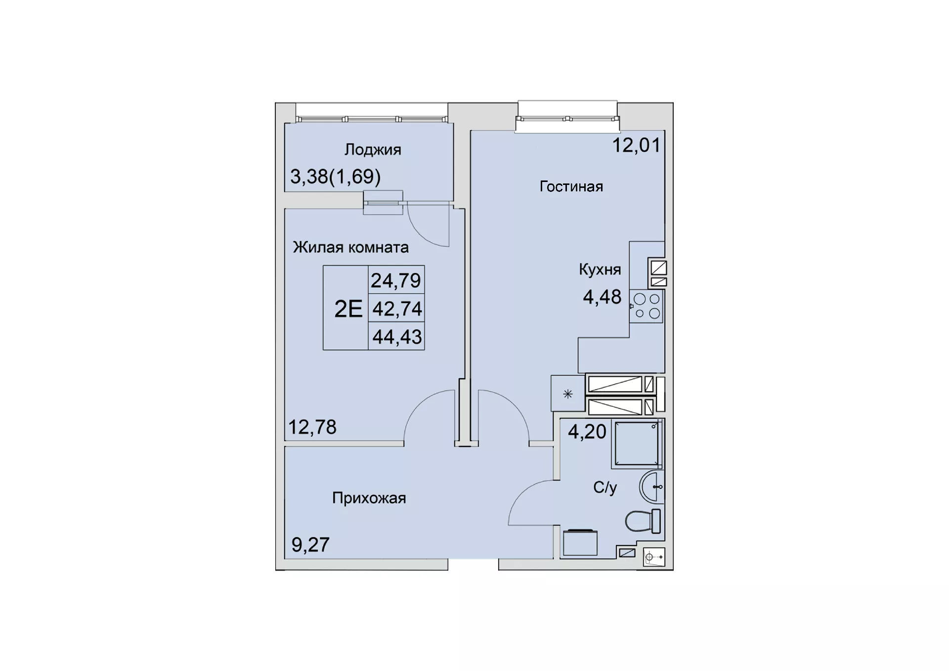 Планировка: 2-комн. квартира 43,9 м²