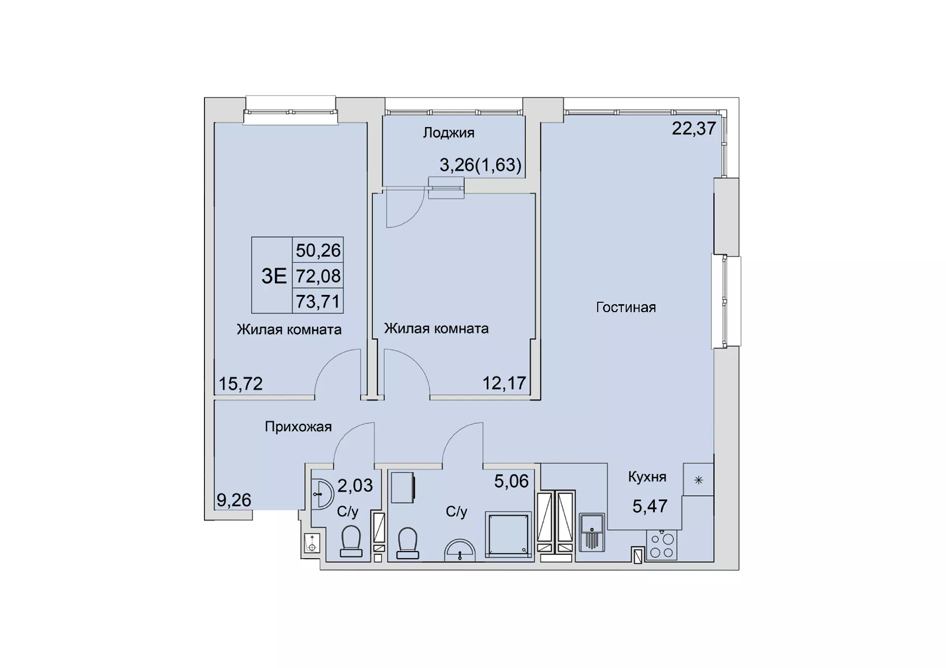 Планировка: 3-комн. квартира 70,6 м²