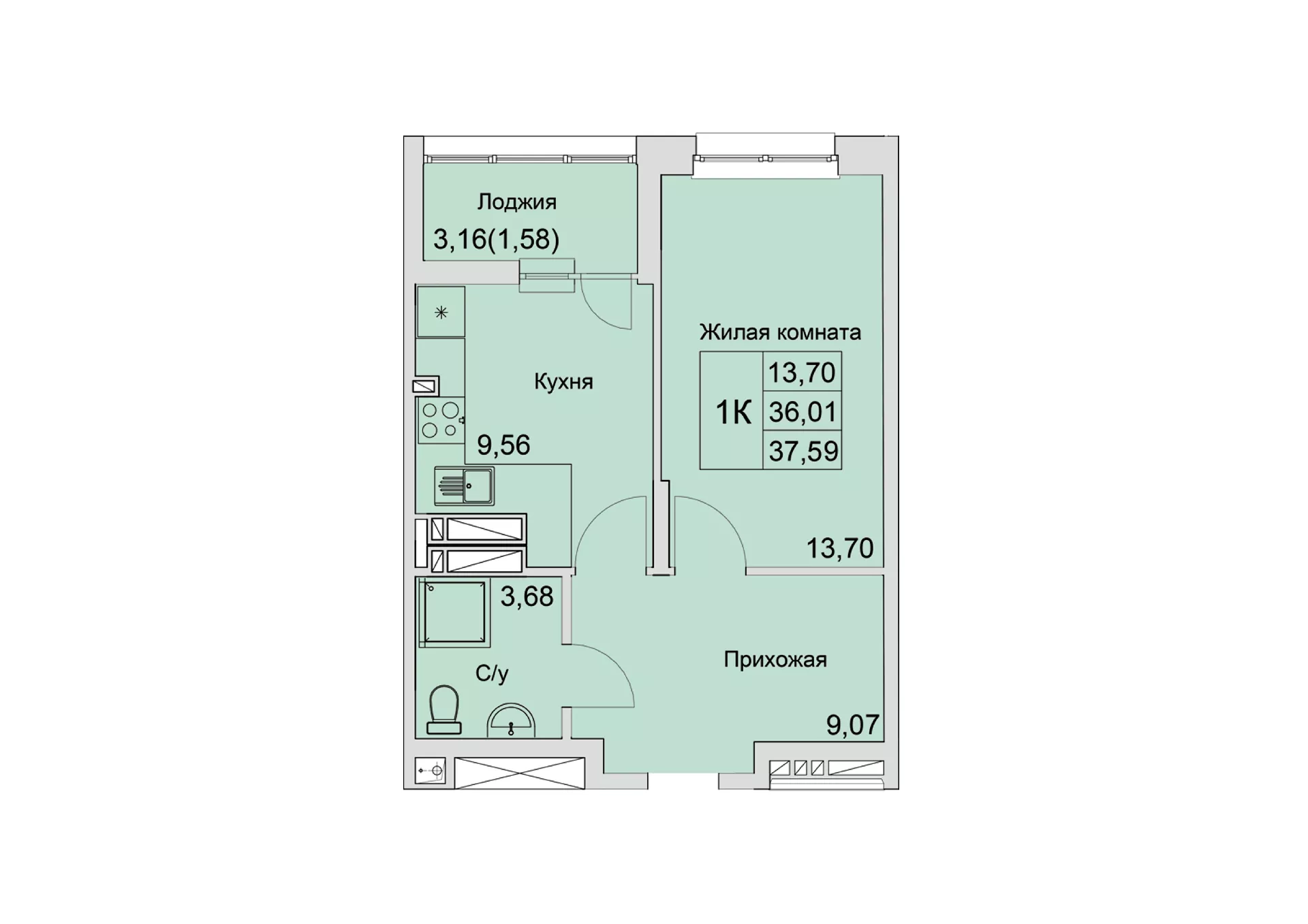 Планировка: 1-комн. квартира 37,4 м²