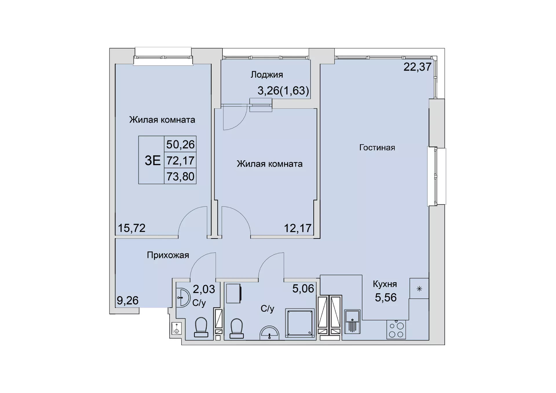 Планировка: 3-комн. квартира 73,4 м²