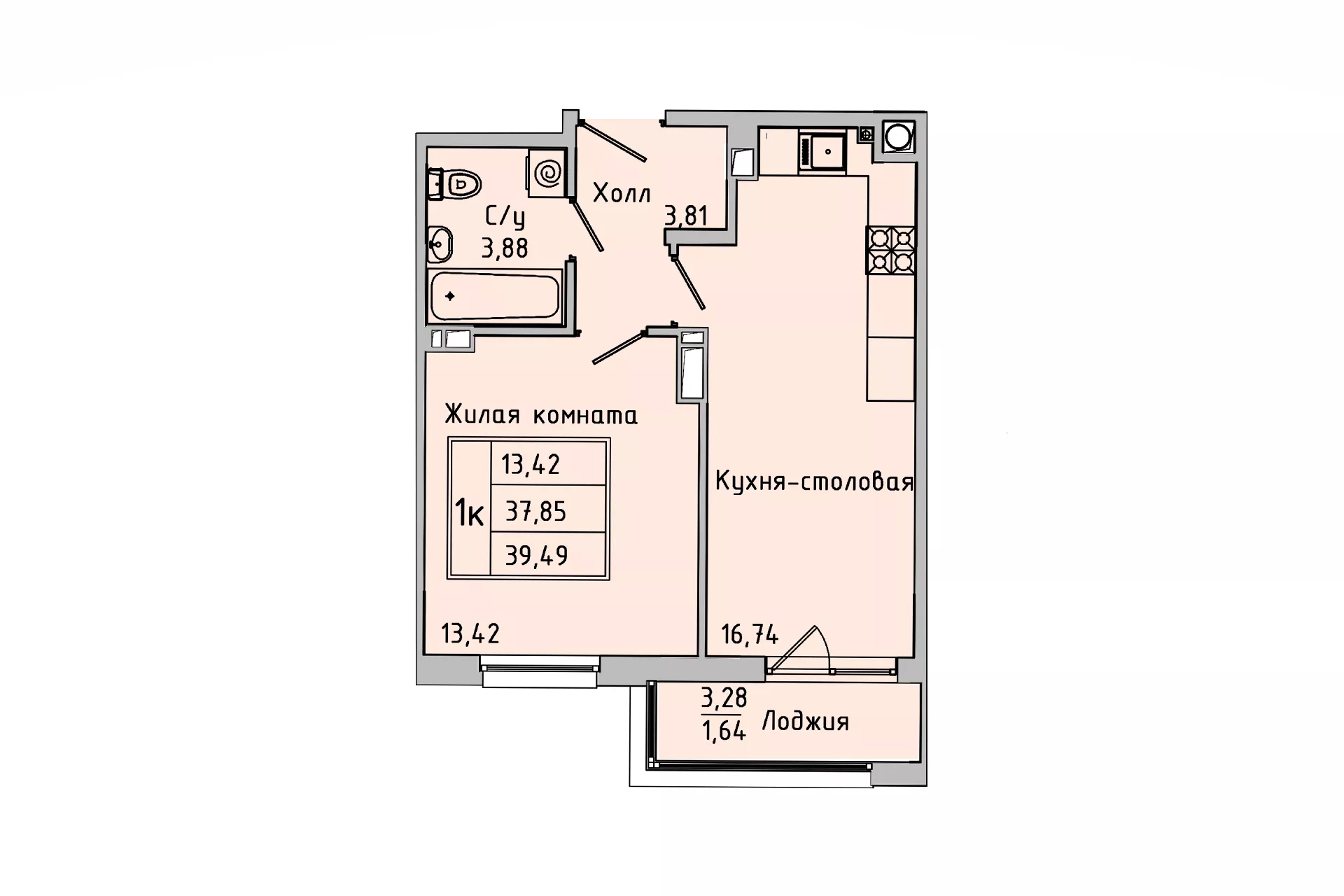 Планировка: 1-комн. квартира 37,8 м²