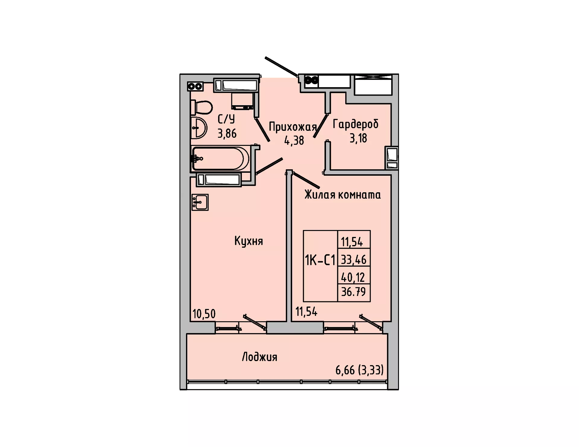 Планировка: 1-комн. квартира 36,8 м²