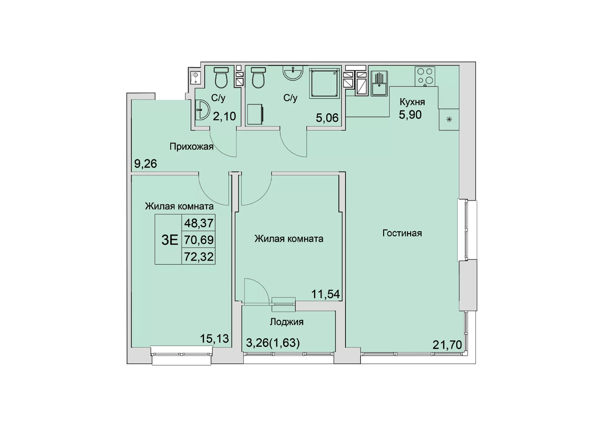 Планировка: 3-комн. квартира 72,2 м²