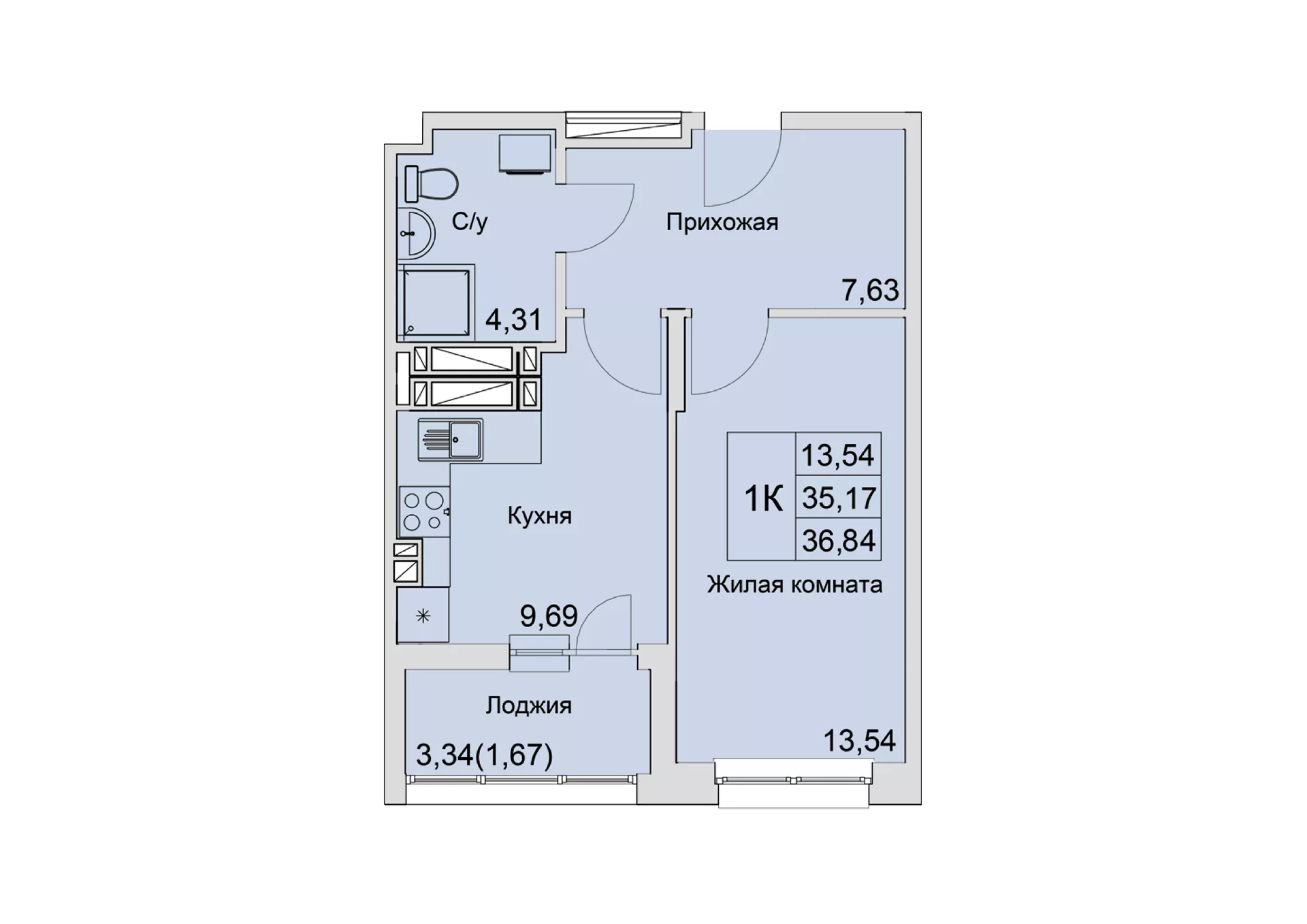 Планировка: 1-комн. квартира 36,4 м²